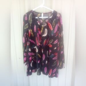 Women's Black Tunic Top with Bird Feathers Size Small Boho Shirt Blouse